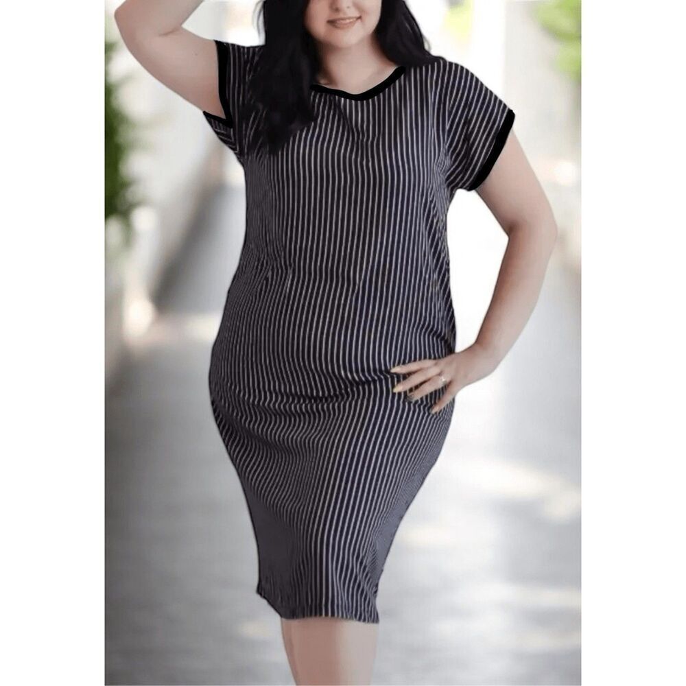 Acemi Women's Black/White Striped Short Sleeve Bodycon Midi Dress Size M